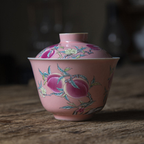  Jiangnan past Pink peach cover bowl Ceramic Kung Fu tea set Hand-drawn pattern Personality simple Chinese tea bowl