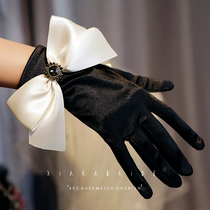 Original vintage gloves Hepburn style black satin thin bow stage banquet socialite bride photo studio accessories