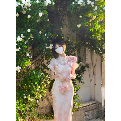 taobao agent Cheongsam, summer dress, fitted long brace, Chinese style, Lolita style, maxi length