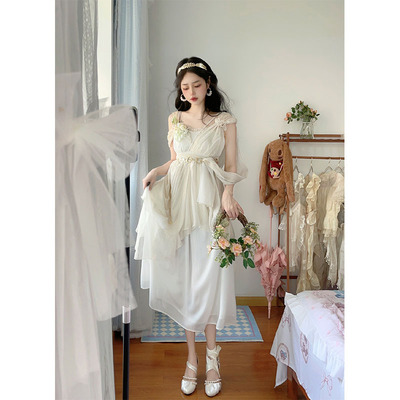 taobao agent Summer elegant dress, white long skirt, Lolita style, maxi length