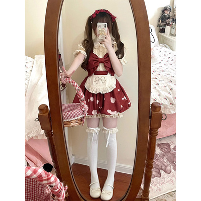 taobao agent Red apron, dress, cute set, Lolita style