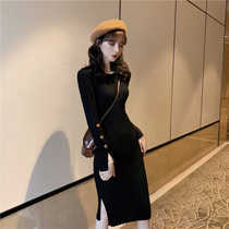 French retro Hepburn small black dress medium long temperament knitted dress autumn and winter sexy split bottom sweater skirt