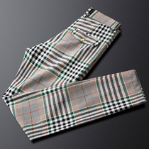 Lion Youshe green plaid pants mens small feet straight slim fashion casual trousers mens summer thin pants tide