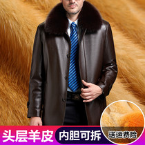 Middle-aged real fur coat male winter sable coat in long dad clothes Nick on head sheep fur
