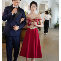 Wedding toast dress Bride summer wine red evening dress Femininity small man engagement dress can usually be worn