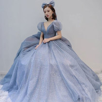Blue evening dress banquet temperament 2021 new summer socialite high-end atmospheric v-neck host fairy dress female