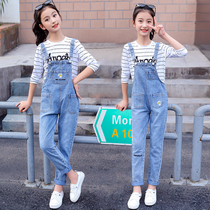 Spring and autumn 2022 new girls back belt pants suit Korean version loose with big boy jeans foreign air children long pants