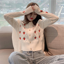 New year white embroidered strawberry sweater knitted cardigan coat base shirt Women autumn and winter design sense foreign color top women
