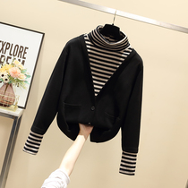 Large size women's autumn and winter new age-reducing fake two-piece coat fat sister MM Korean design casual striped sweater