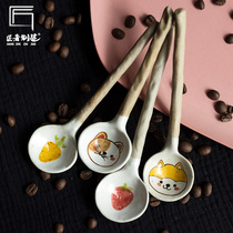 Creative cartoon animal coffee spoon Long handle mixing spoon Small soup spoon Hand painted ceramic handmade mug spoon