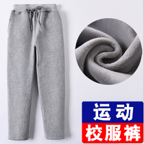 Childrens gray sports pants plus velvet school clothes pants thickened warm autumn winter boys and girls straight pants