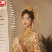 Bride Xiuhe headdress Golden Phoenix crown Chinese wedding costume tassel hair ornaments Red face small Xiuhe clothing accessories