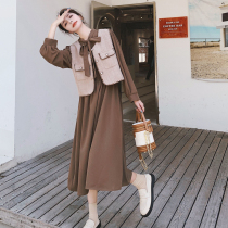 French vintage vest small fragrance two-piece set long sleeve dress womens 2022 autumn fashionable temperament tea break long skirt