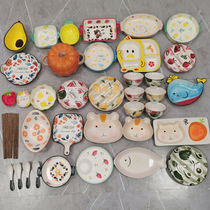 Underglaze color cartoon ceramic tableware set set household porcelain plate bowl dish bowl Bowl combination with hipster creativity