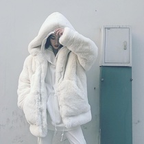 Korean version of loose fried street lamb plush fur coat female young winter cute hoodie imitation Rex rabbit long