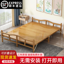 Bamboo bed folding sheets Double simple household lunch break nap cool bed rental room Solid wood hard board bed Bamboo small bed
