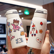 New cartoon sticker thermos cup bounce cover with straw rope children stainless steel cup adult student Cup