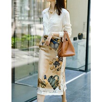 French vintage printed oil painting skirt Silk satin skirt Womens summer side split high waist thin hip skirt