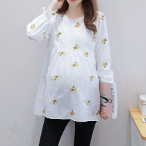 Autumn-loaded round collar embroidery Pregnant Woman Shirt Spring Autumn Gestation Woman Dress Loose Korea Version Boomer shirt Long sleeves bottom blouse