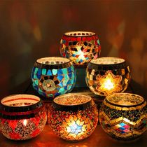 2 creative color mosaic glass European candlestick candle night light romantic home decoration ornaments