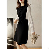 Autumn 2021 new cold wind womens high-end French retro Hepburn small black skirt fake two-piece dress