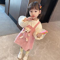  Korean autumn girls dress Childrens cotton fake two-piece bear skirt female baby princess skirt spring and autumn