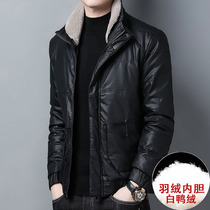 Rich bird new leather jacket mens down jacket autumn and winter plus velvet padded soft leather jacket trend handsome fur collar jacket