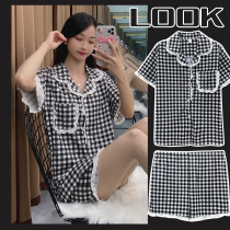 Plaid pajamas womens summer pure cotton short-sleeved 2021 new loose student sweet homewear two-piece cardigan