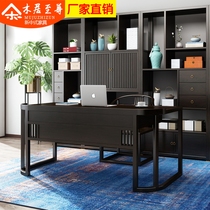 New Chinese style all solid wood desk chair bookcase combination Zen quality luxury tea table Light luxury desk Study furniture