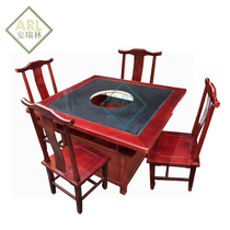 Simple marble hot pot table Chinese restaurant table gas stove induction cooker red solid wood square hot pot table and chair combination