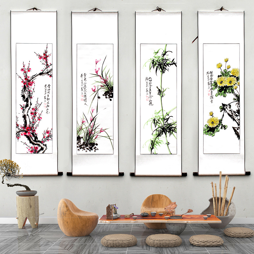 中国の切手付き布本 箱入り 梅蘭竹菊　four gentlemen 梅兰竹菊“四君子” Plums, Orchids, Bamboos and Chrysanthemums: The