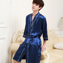 Mens summer thin nightgown one-piece ice silk loose Korean version of the plus-size pajamas silk loungewear spring and autumn bathrobes