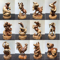 12 Zodiac ornaments solid wood carving animals Chinese home decoration handicrafts Tiger camphor wood cattle root carving