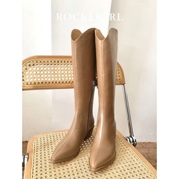2021 new leather pointed western cowboy boots female retro v-mouth boots no knee long tube Knight boots high tube