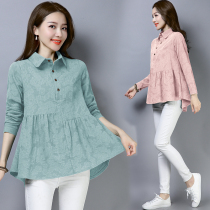 Pregnant woman blouses spring and autumn covered with long sleeves Fashion loose big code Fat mm cotton linen shirt with late clothes