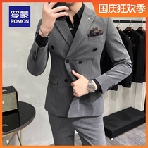 Romon suit mens suit business casual slim double-breasted plaid suit three-piece dress wedding dress tide