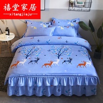 The new Korean version of cotton thickened brushed bed skirt four-piece cotton quilt cover bedspread wedding double bed bedding
