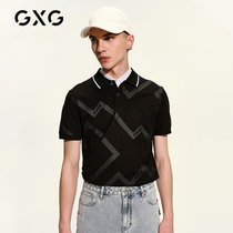 GXG mens life series 2021 spring shopping mall with the same black lapel Polo shirt printed short-sleeved top