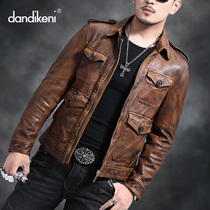New Haining leather leather mens sheep hunting short slim lapel leather jacket retro old tide