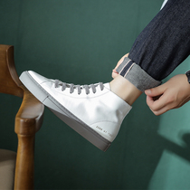 Genuine Leather Small White Shoes High Help Board Shoes Men 100 lap Inn Martin shoes Middle help tooling boots Korean version Trend casual mens shoes