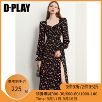 DPLAY2022 Autumn New Temperament Dress Vintage Puff Sleeve French Skirt Side Split Look Slim Midi Skirt