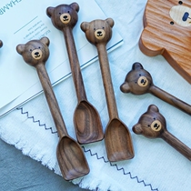 Bear tableware wooden spoon handmade black walnut Japanese ins jam honey cute handmade home spoon