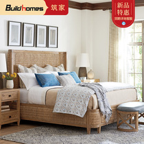  American solid wood bed European rattan woven double bed Curved retro old master bedroom luxury romantic fashion bed