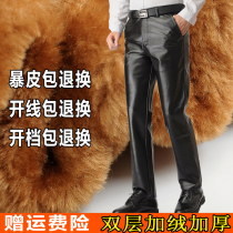 Autumn and winter middle-aged mens leather pants velvet thickened motorcycle PU pants loose work warm casual mens pants