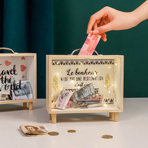 Net red ins Wind wooden transparent piggy bank large capacity home furnishings creative Girls cute change storage box