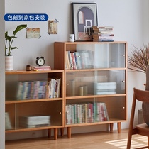 Nordic solid wood floor storage cabinet Japanese cherry glass door short bookshelf modern simple study childrens small side cabinet