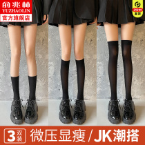 Calf socks Womens spring and autumn thin silk socks white midbarrel summer half cut black silk long barrel velvet over knee jk black