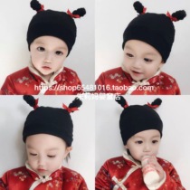 Autumn and winter baby Nezha hat male and female baby 0-3 year old wig cotton sleeve braid ear protection warm hat hair belt hat