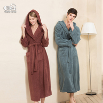 Extra thick and long cotton towel bathrobe with hooded men and womens bathrobe couples nightgown absorbent strong warm autumn and winter