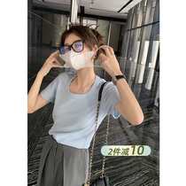EKoOL Custom U collar short sleeve T-shirt female blouse Summer 2022 new 100 lap pure color Lean Casual compassionate
